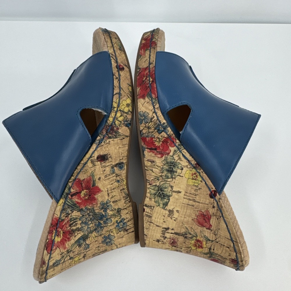 Born Casaba C34104 Blue Leather Floral Slip Womens Cork Wedge - Size 8M - Picture 9 of 11